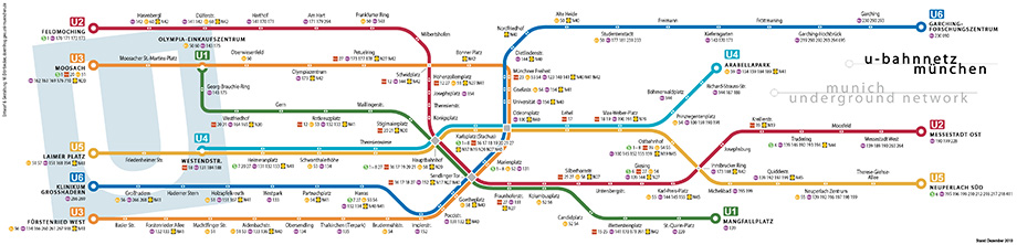 Схема метро Мюнхена с возможностями  пересадки на другие виду городского транспорта